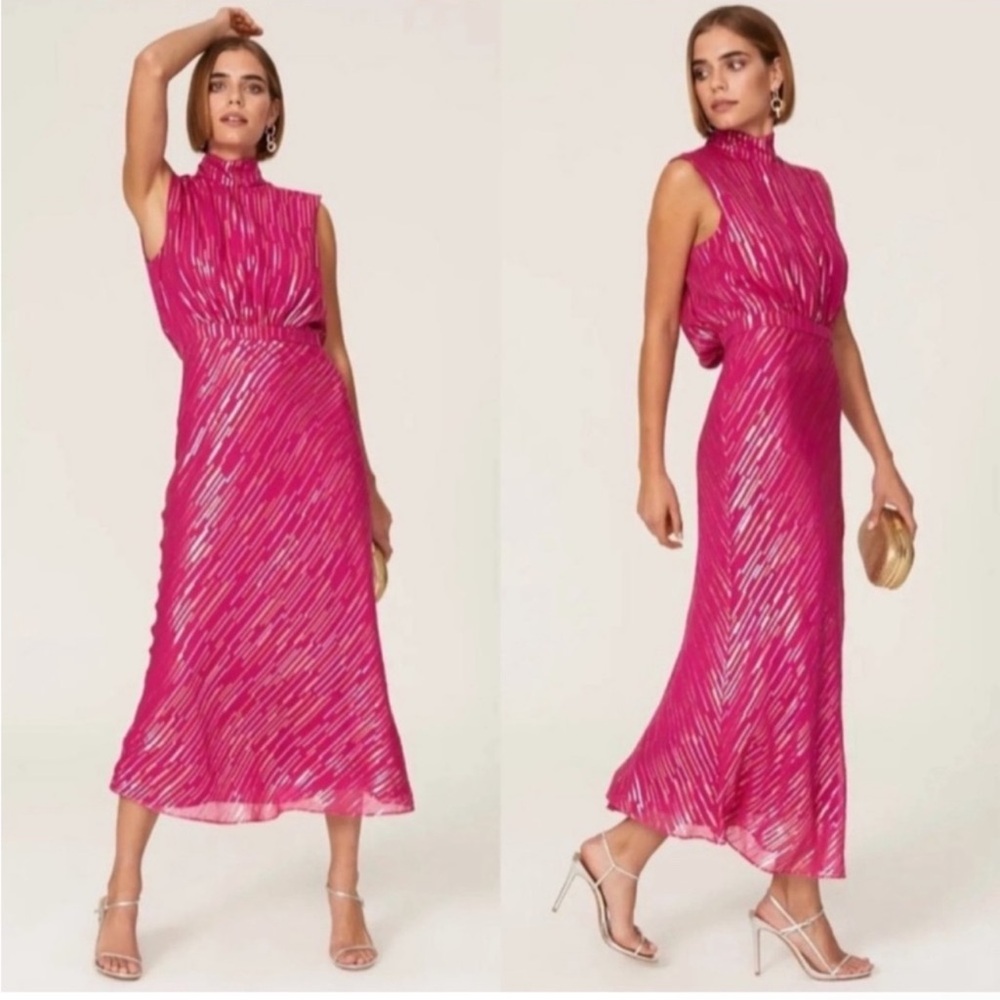 Saloni fleur dress silk metallic fibre Pink Gold Size Drape Open Back 10